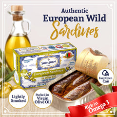 Santo Amaro open can top view revealing whole sardines in olive oil and ready-to-eat convenience