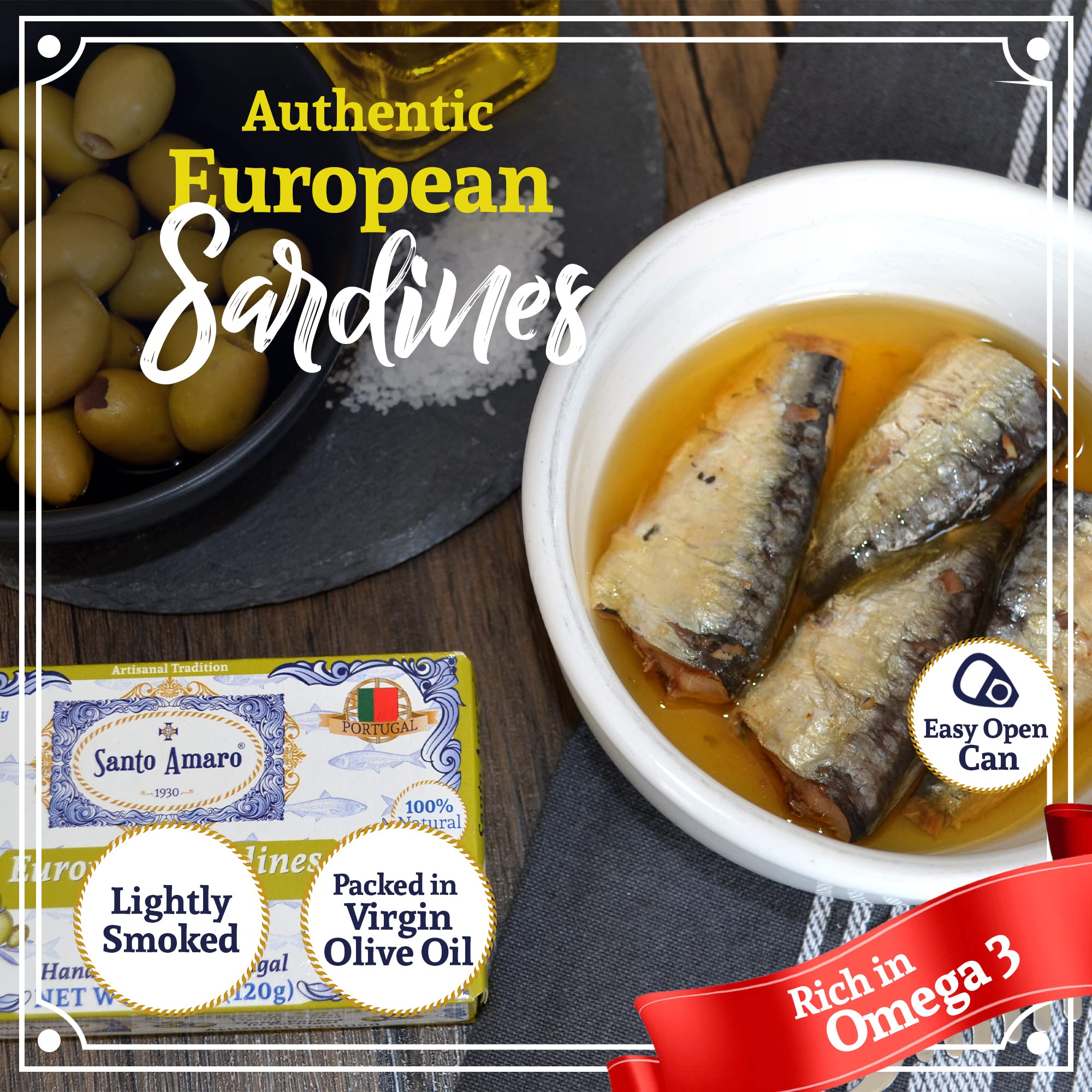 Santo Amaro open tin with whole sardines in olive oil and lemon, ready-to-eat convenience