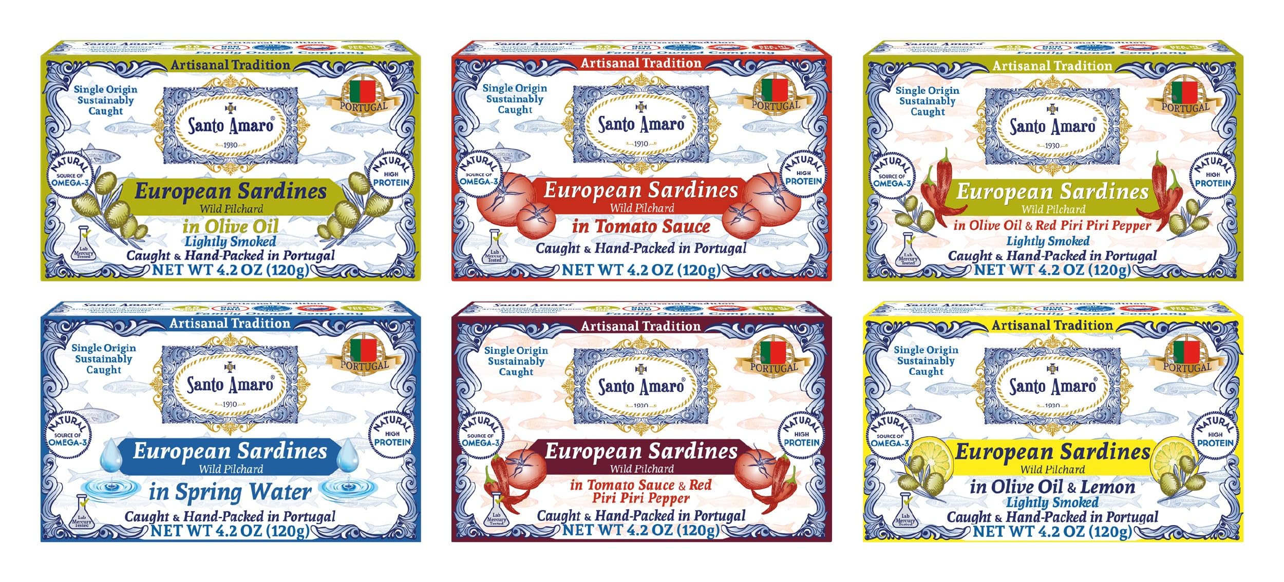 Santo Amaro open can top view revealing whole sardine fillets ready to eat