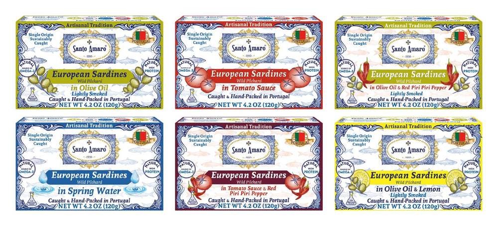 Santo Amaro open can top view revealing whole sardine fillets ready to eat