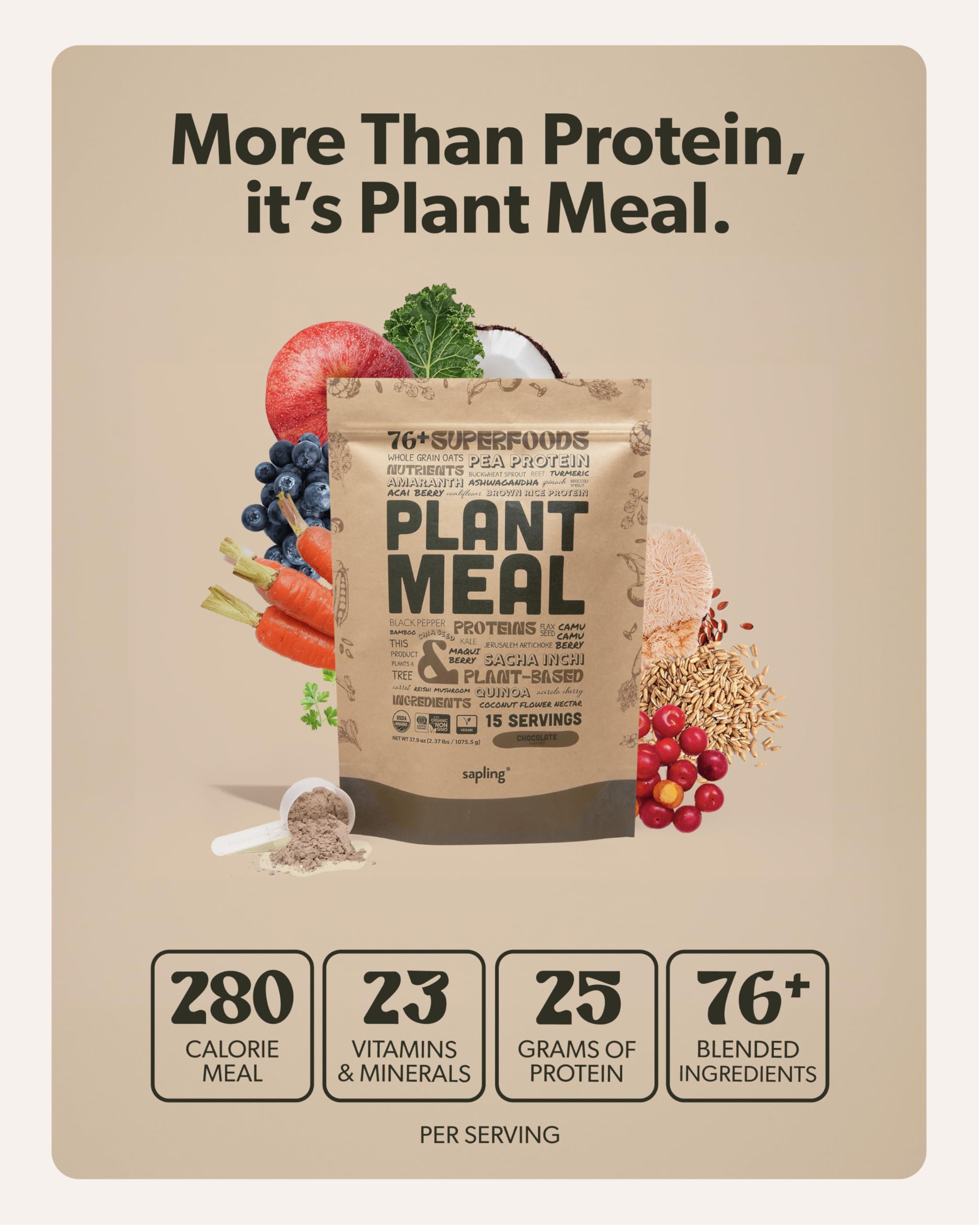 sapling chocolate shake poured into glass demonstrating creamy, satisfying plant protein