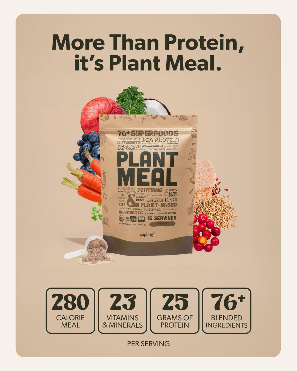 sapling chocolate shake poured into glass demonstrating creamy, satisfying plant protein