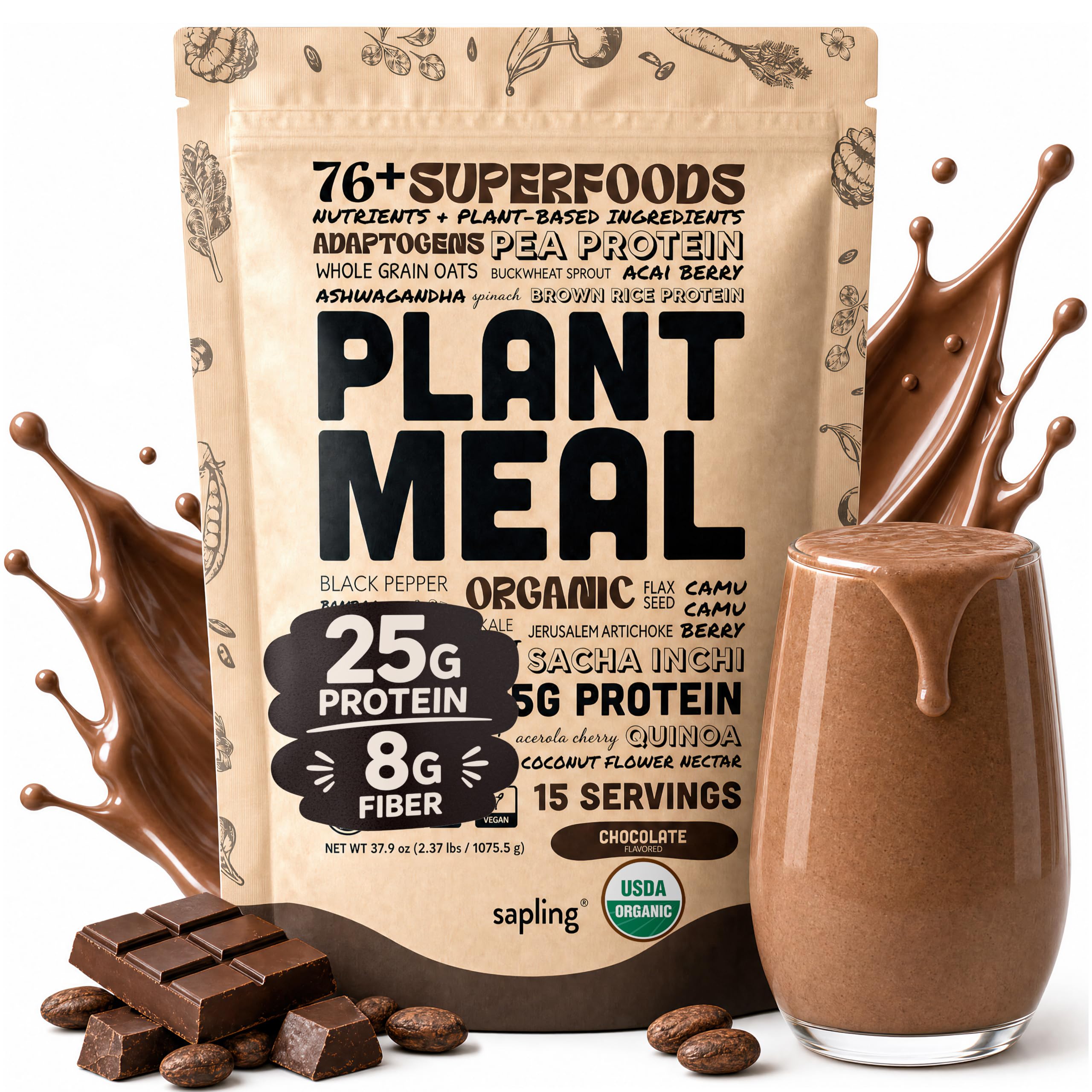 sapling front package showing organic chocolate meal replacement providing convenience