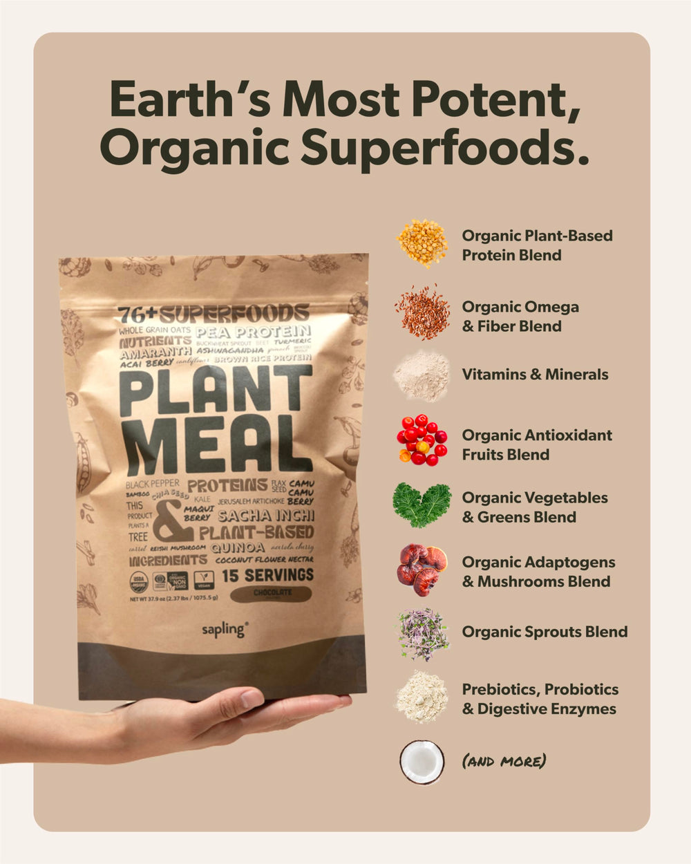 sapling scoop lifting powder highlighting 25g plant protein per serving for satiety