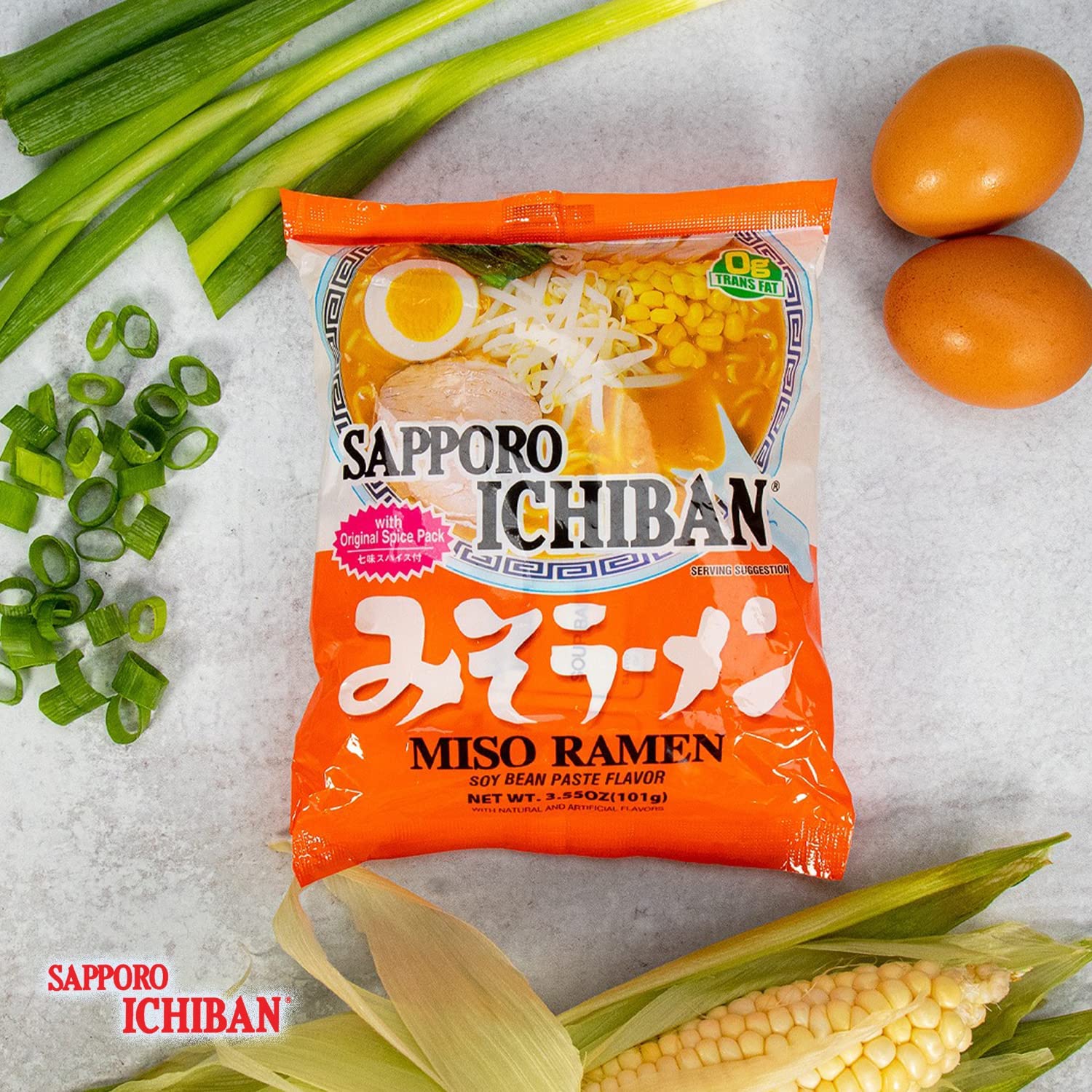 Hand holding Sapporo Ichiban pouch to show scale, helpful for portion and convenience