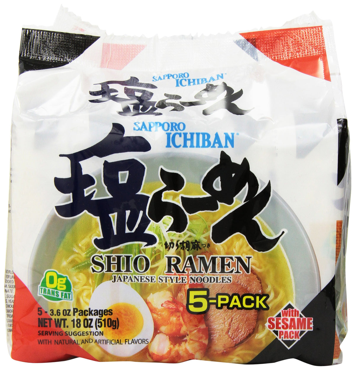 Sapporo Ichiban front packaging showing shio ramen and quick preparation benefit