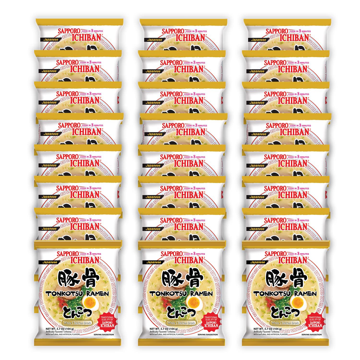 Sapporo Ichiban front packaging showing tonkotsu flavor and pack details for convenience