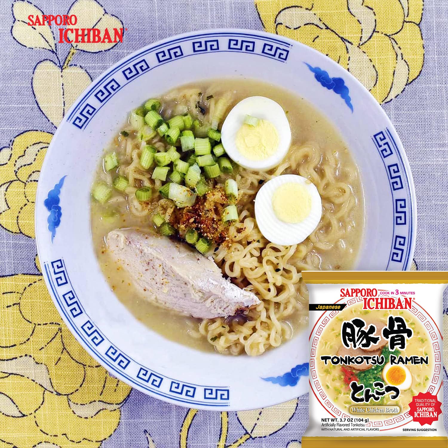 bowl of Sapporo Ichiban tonkotsu ramen served steaming to show ready-in-minutes satisfaction