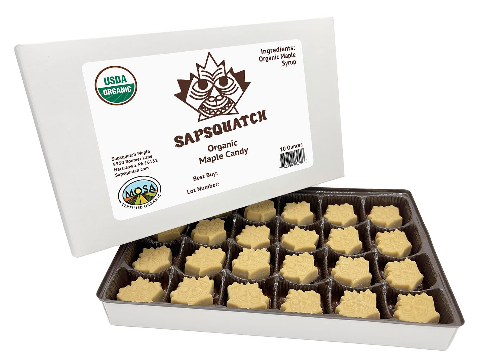 Sapsquatch front packaging showing organic maple candy box and branding, ideal gift