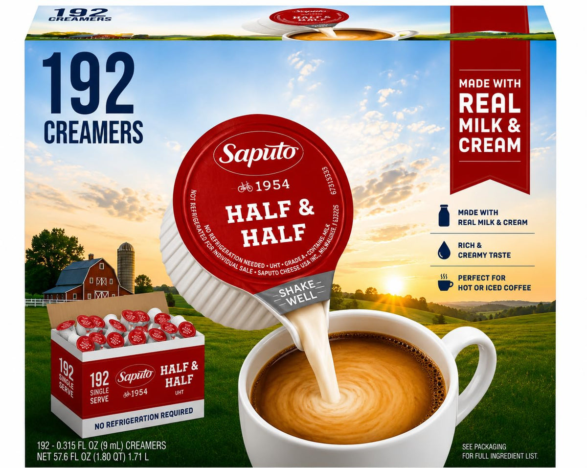 Saputo half and half front packaging shows brand and count, convenient storage benefit