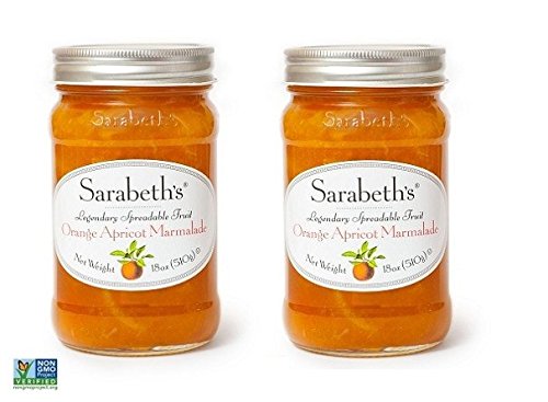 Sarabeth's front packaging of orange-apricot marmalade showcasing two jars and branding benefit