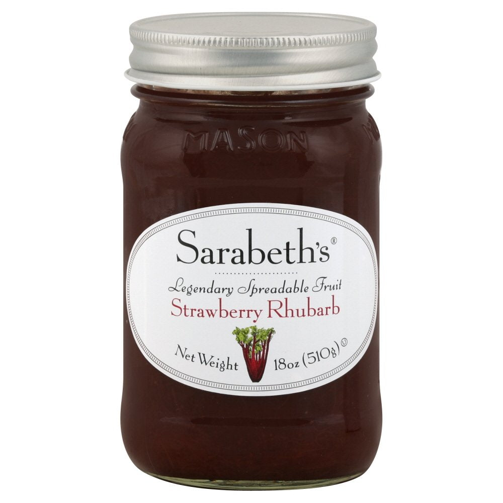 Sarabeth's jar front view showing label and rich strawberry rhubarb color for spreading