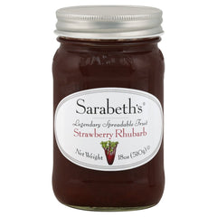 Sarabeth's jar front view showing label and rich strawberry rhubarb color for spreading
