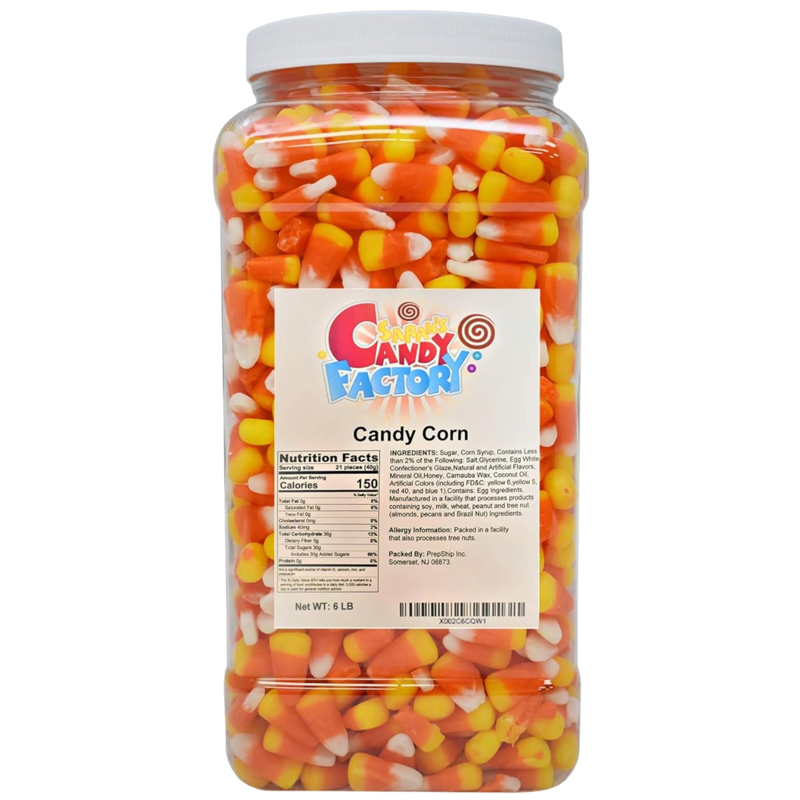 Sarah's Candy Factory jar front packaging shows colorful candy corn, ideal for parties