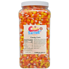 Sarah's Candy Factory jar front packaging shows colorful candy corn, ideal for parties