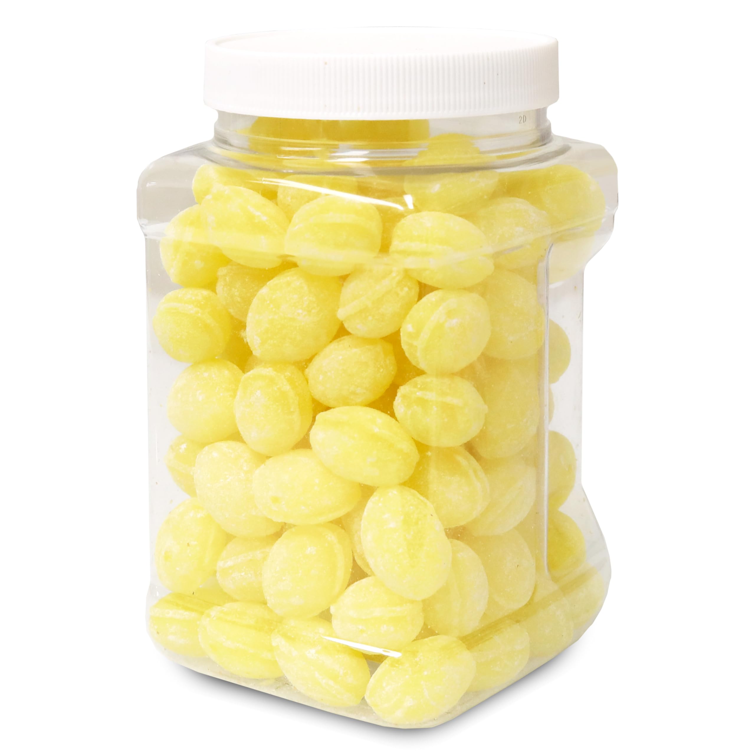 Sarah's Candy Factory jar front view showing bright lemon drops and reusable packaging benefit