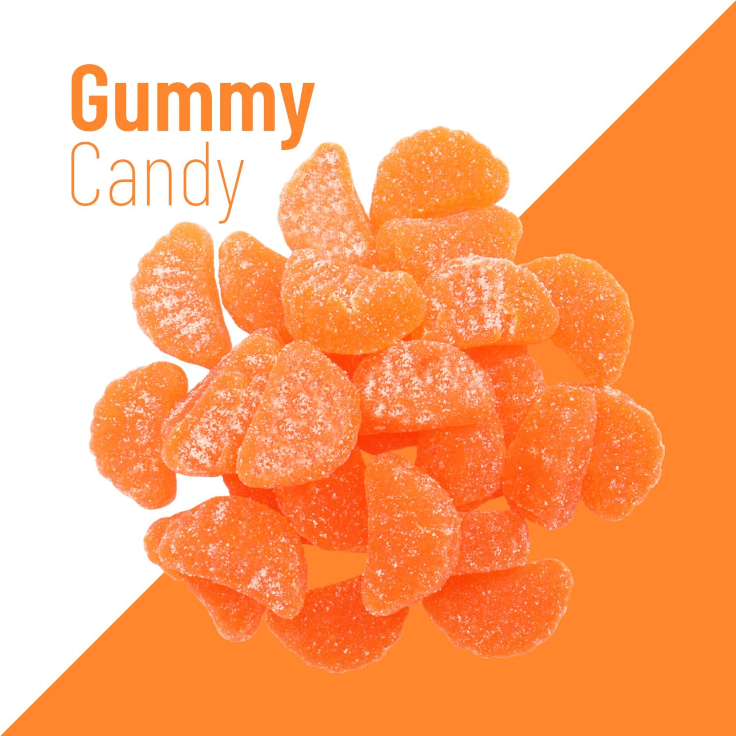 Sarah's Candy Factory orange slice next to hand showing portion size