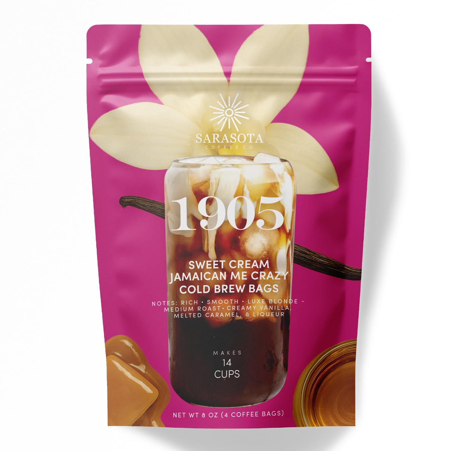 Sarasota Coffee front pouch view showing convenient cold brew bags