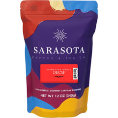 SARASOTA COFFEE & TEA CO. front packaging showing 12 oz bag and decaf benefit