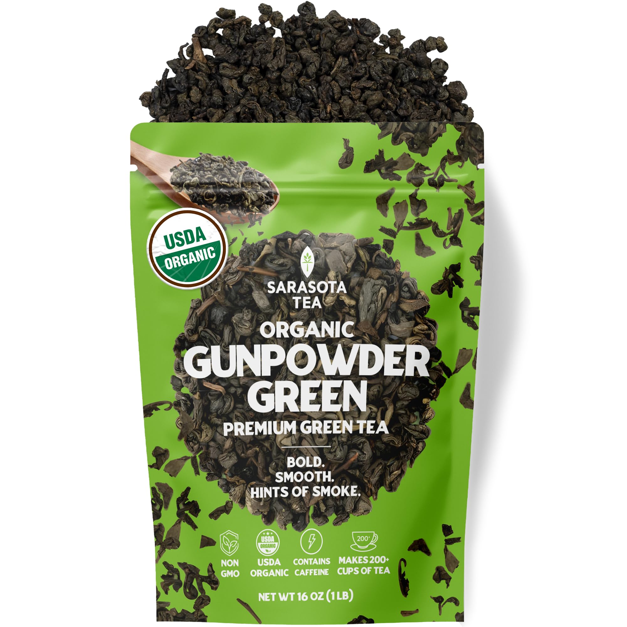 Sarasota Coffee & Tea Co. front packaging showing 1 lb bulk bag and branding benefit