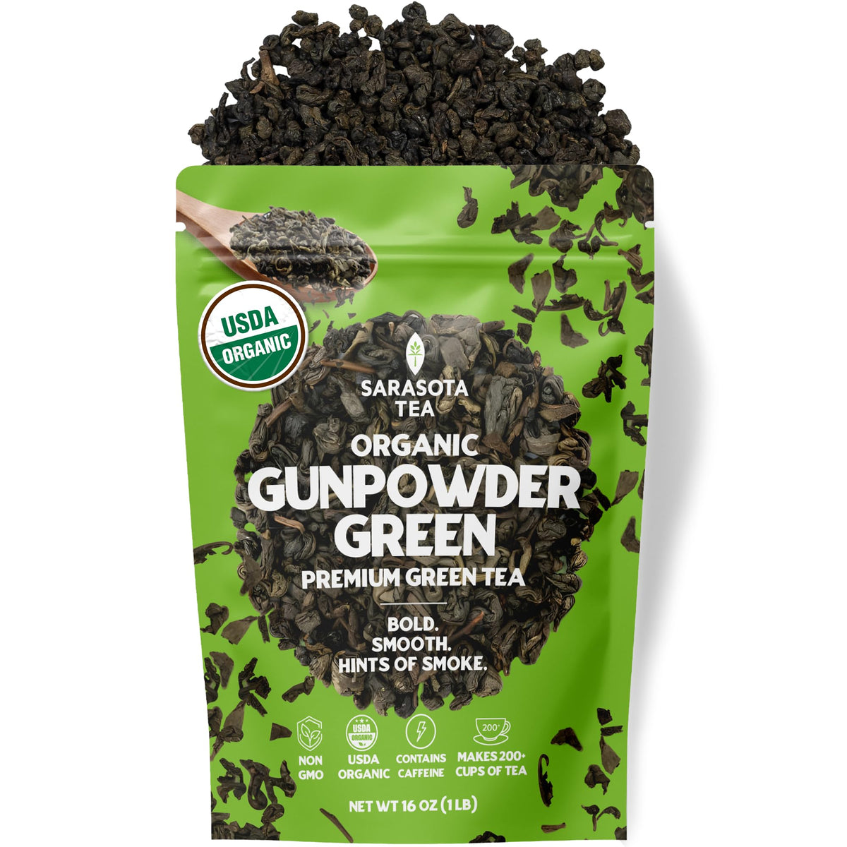 Sarasota Coffee & Tea Co. front packaging showing 1 lb bulk bag and branding benefit