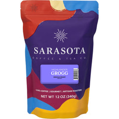 SARASOTA COFFEE & TEA CO. front packaging showing bold Highlander Grogg branding and benefits