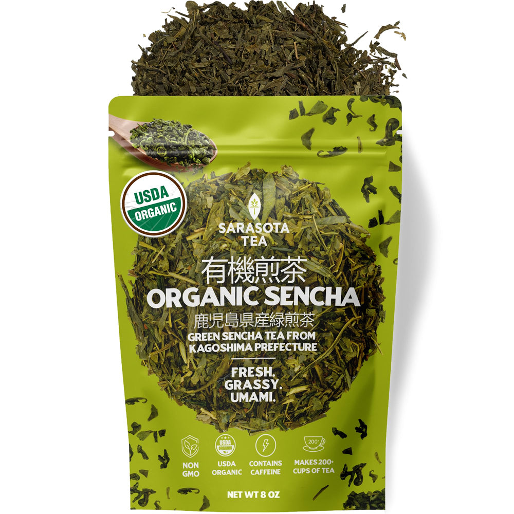 SARASOTA COFFEE & TEA CO. front packaging showing organic sencha benefit freshness
