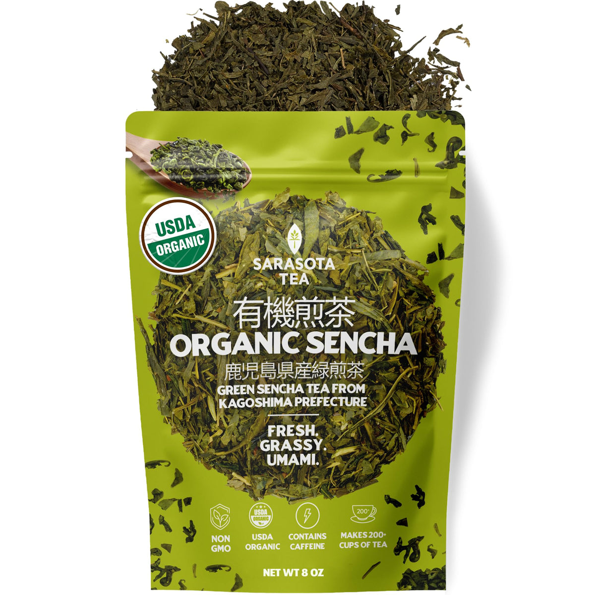 SARASOTA COFFEE & TEA CO. front packaging showing organic sencha benefit freshness