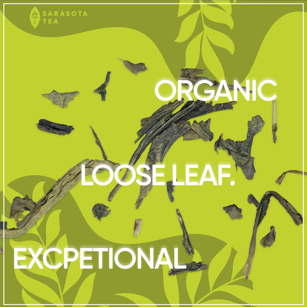 SARASOTA COFFEE & TEA CO. hand holding leaves showing texture and whole-leaf integrity