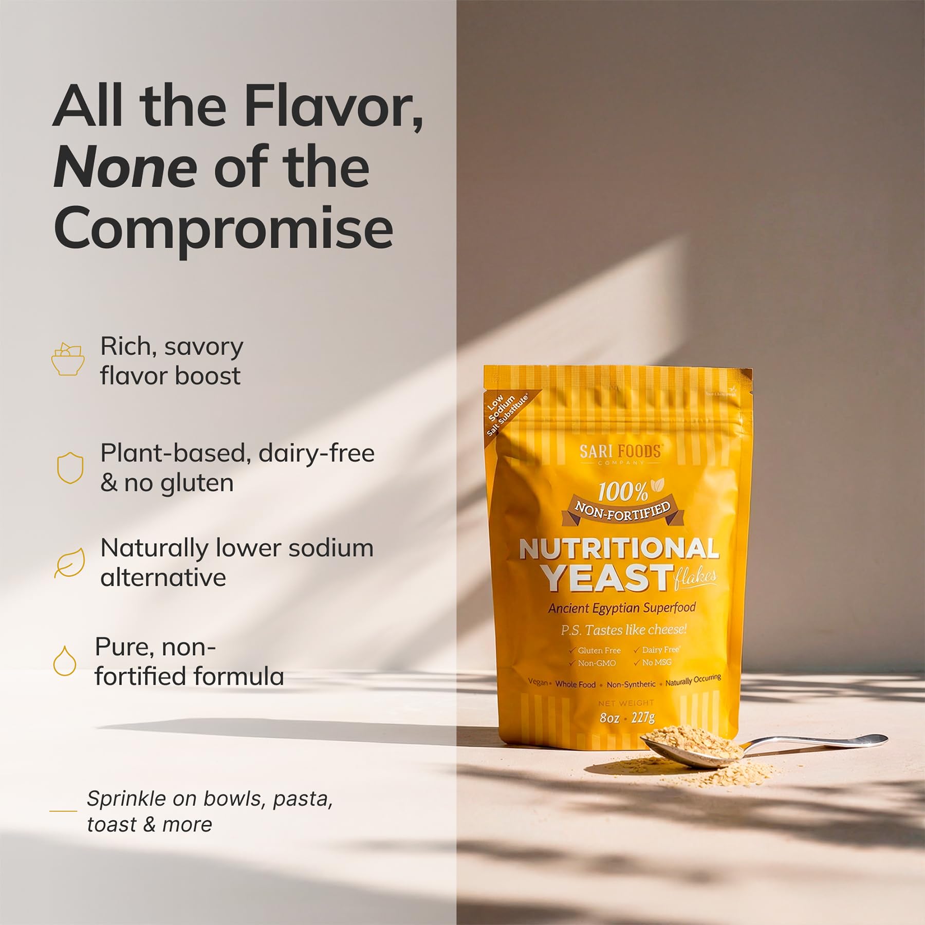 Sari Foods flakes in a kitchen scene showing versatile use and meal enhancement