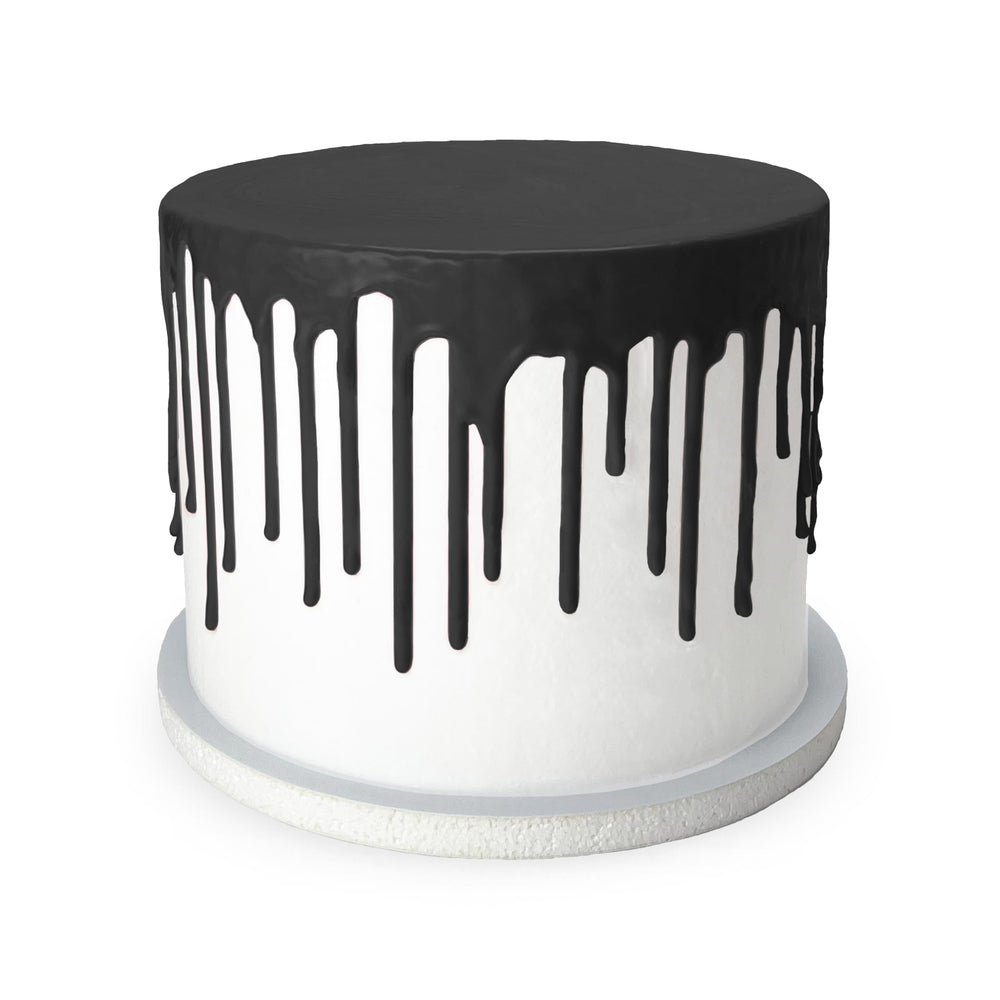Satin Ice black drip cascading down a frosted cake for dramatic contrast