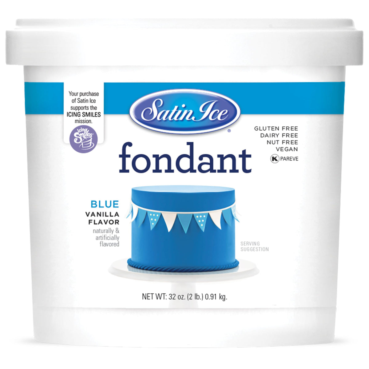Satin Ice front packaging showing 2 lb blue fondant and labeling, clear product benefit