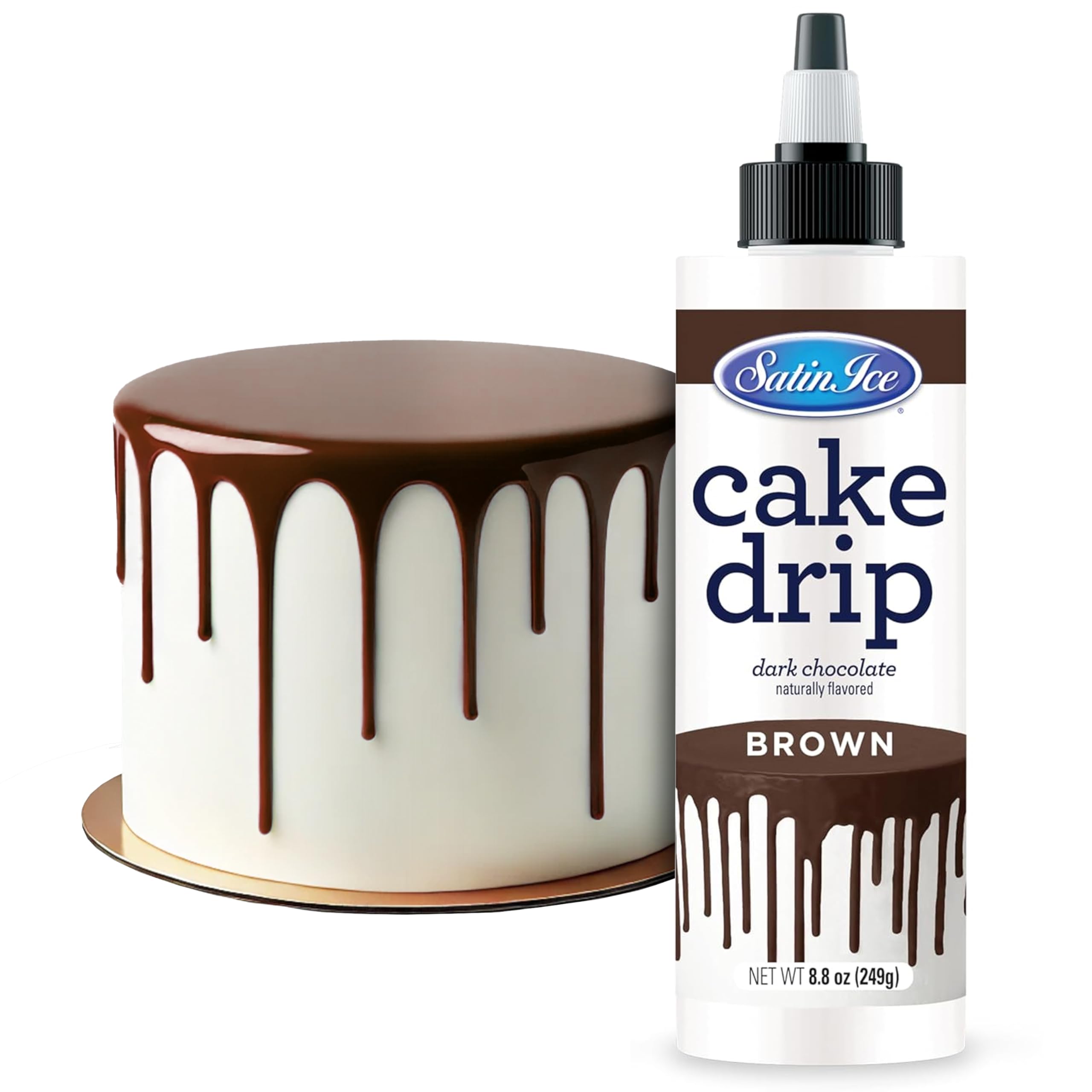 Satin Ice bottle front view showing brown chocolate drip and label benefit