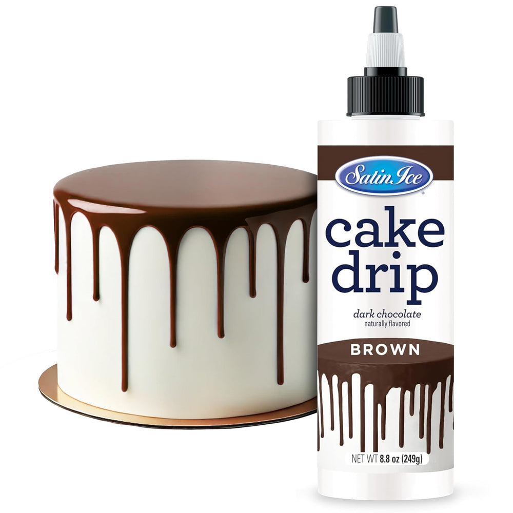 Satin Ice bottle front view showing brown chocolate drip and label benefit