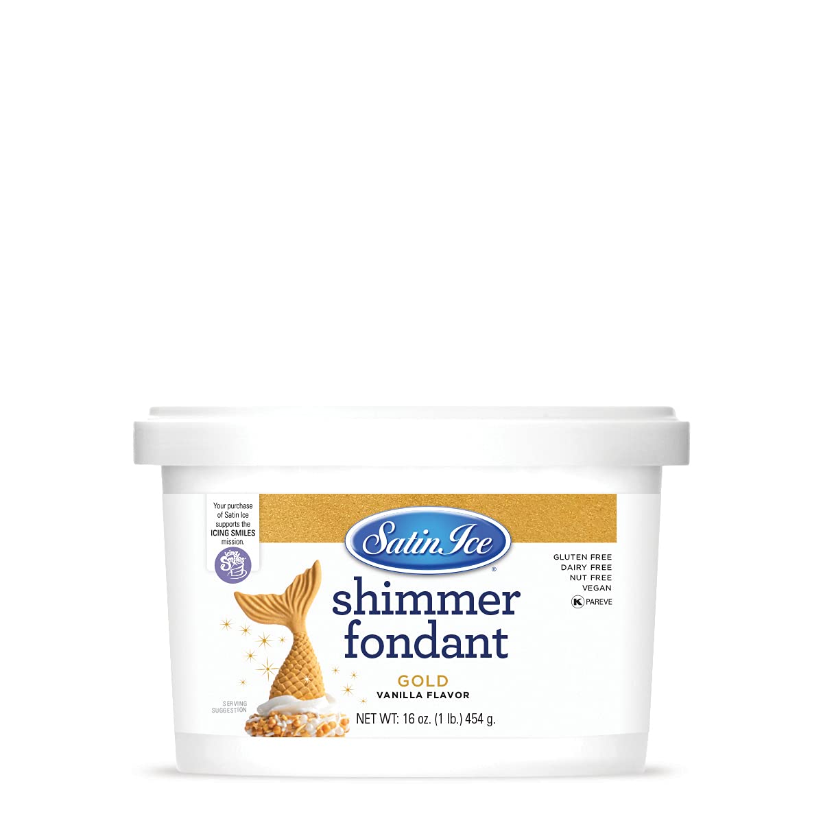 Satin Ice front packaging showing gold shimmer fondant, clear ingredient labeling