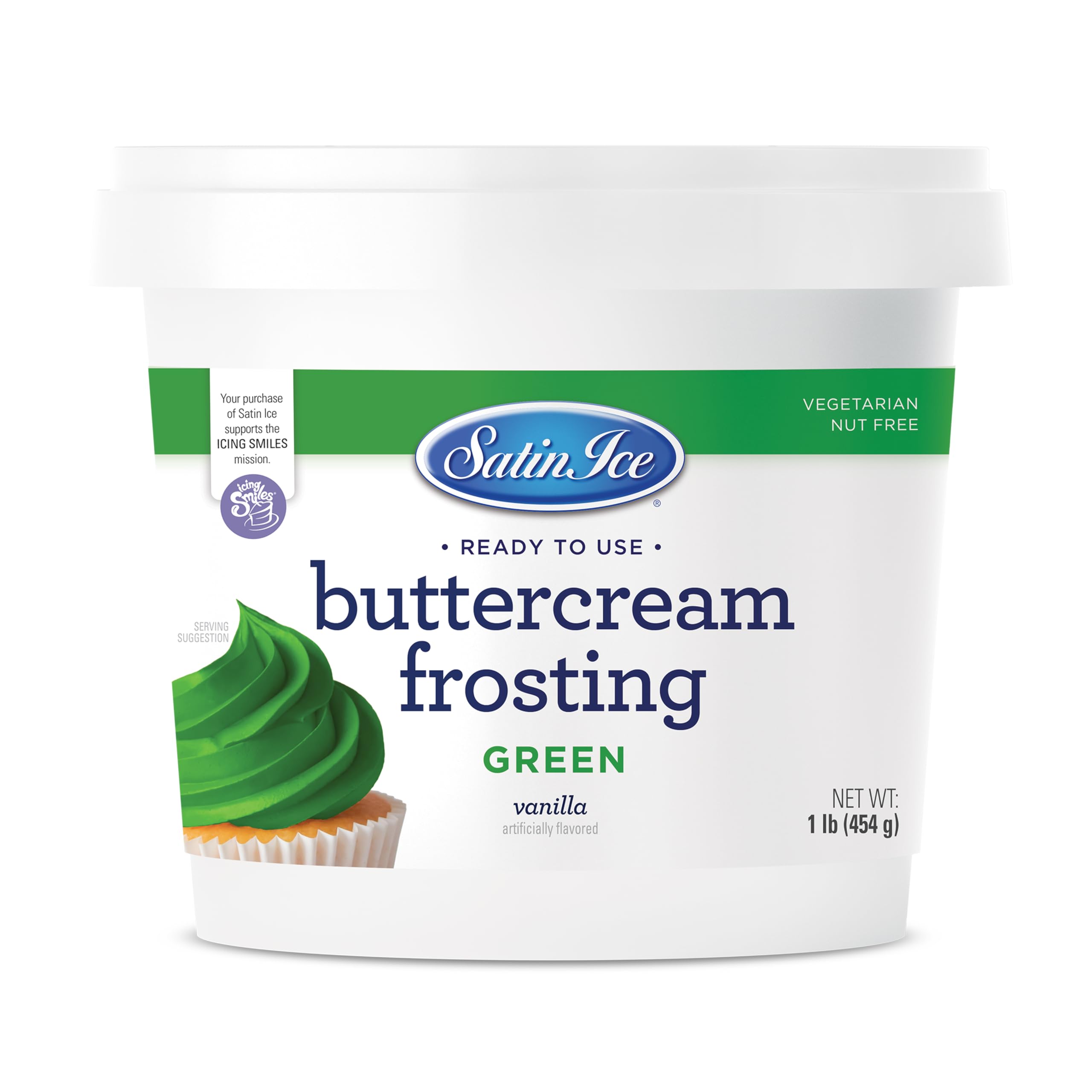 Satin Ice green buttercream front pail showing brand and sealed lid for easy storage