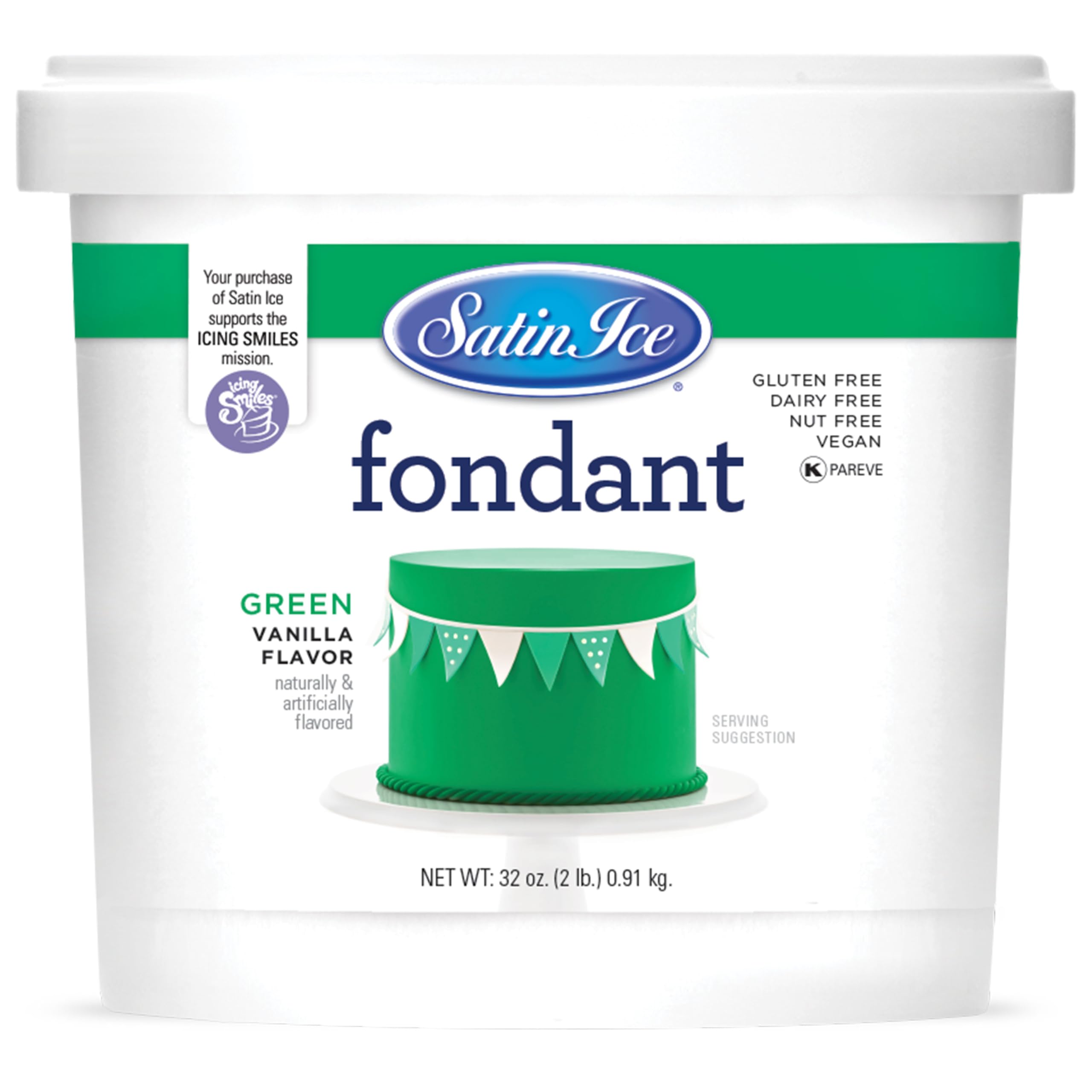 Satin Ice front packaging showing 2 pound green fondant and brand clarity