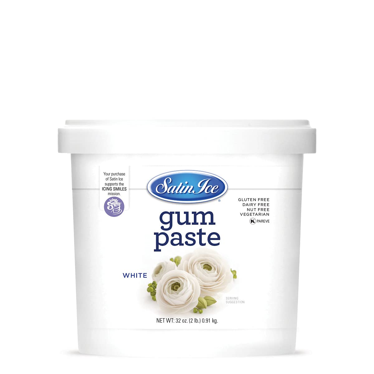 Satin Ice white pail front showing clean labeling and 2 pound size benefit