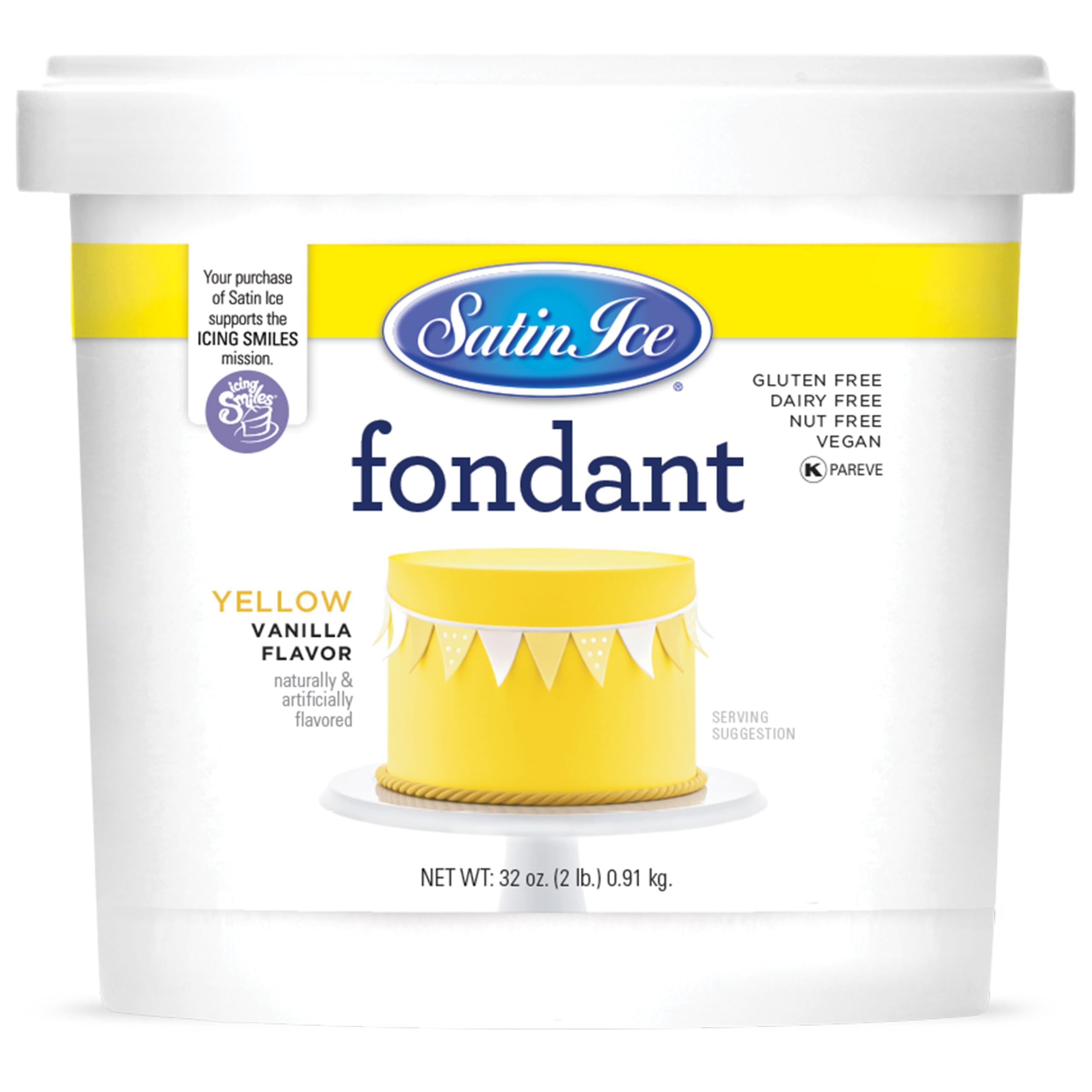 Satin Ice yellow fondant pail front view showing packaging and convenience