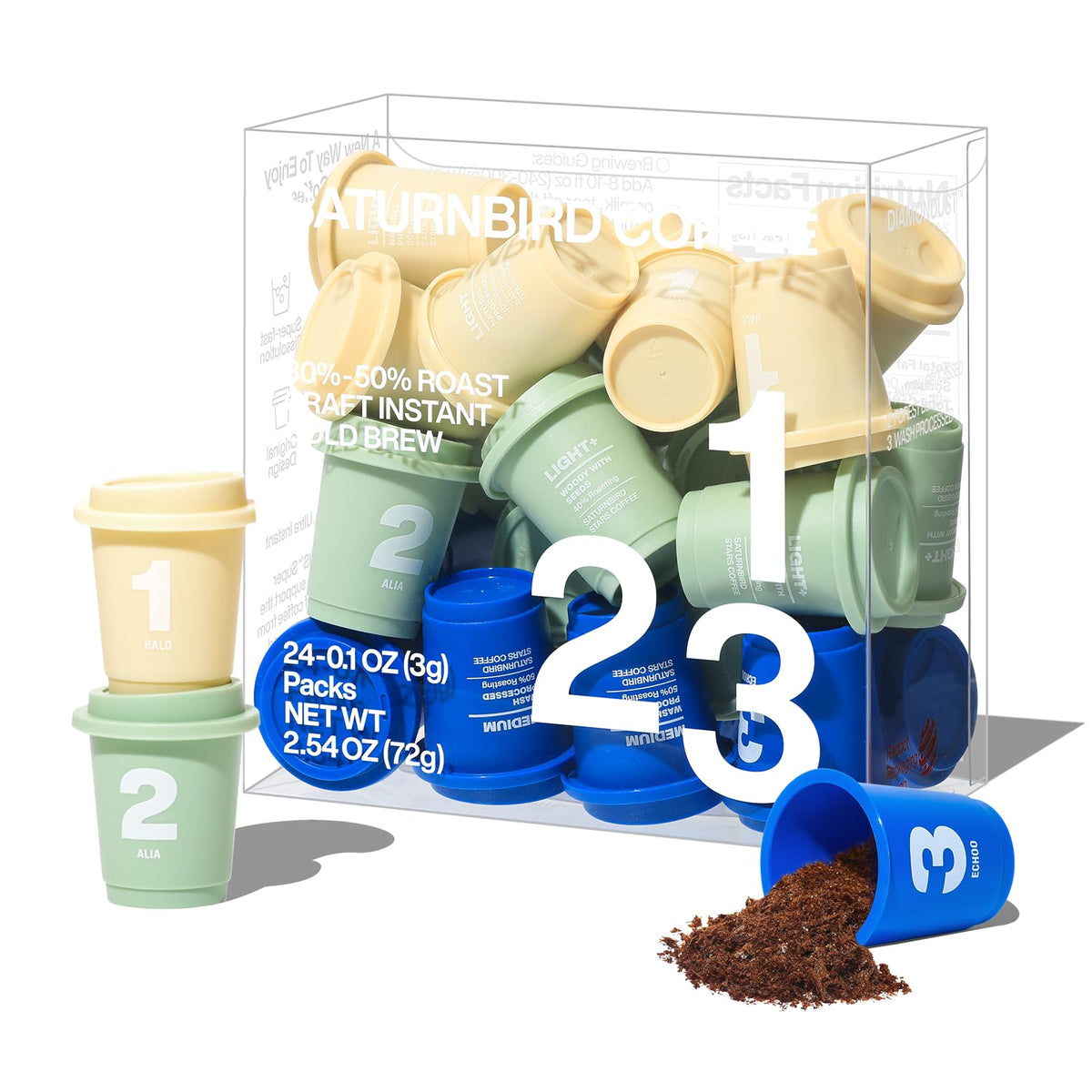 Saturnbird front packaging showing 24-count pods and specialty branding for convenient quality