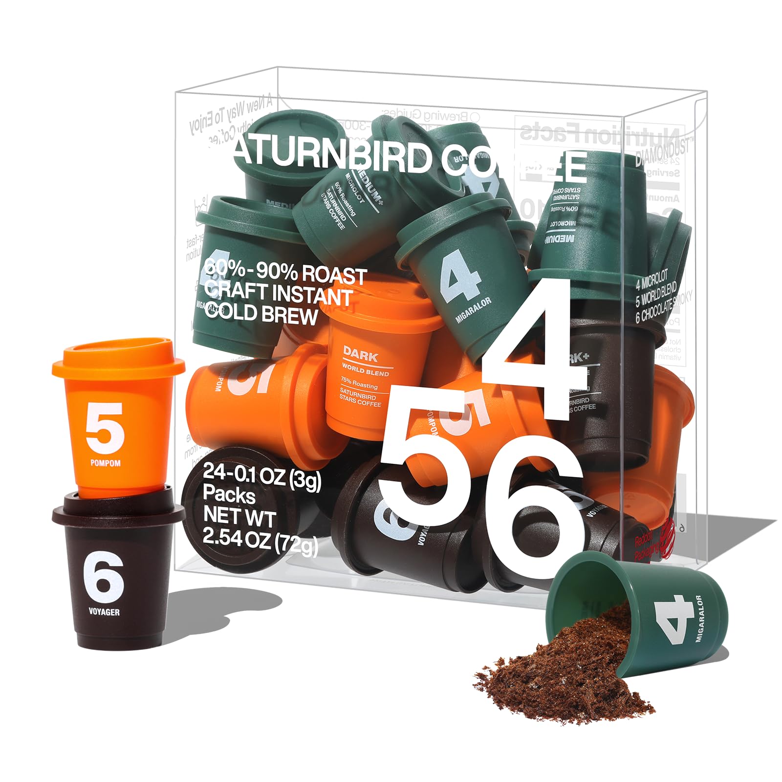 Saturnbird front packaging showing three roast levels and premium instant benefit