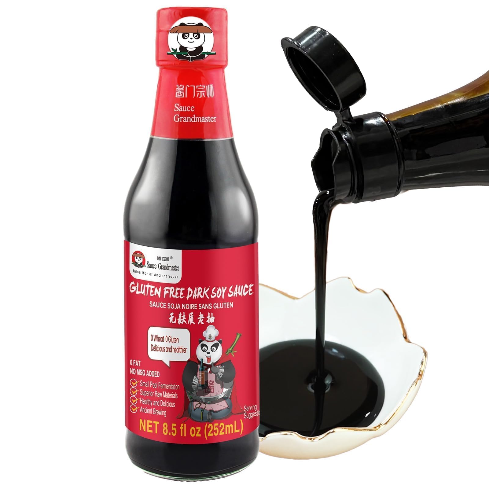 Sauce Grandmaster bottle front showing gluten-free dark soy benefits