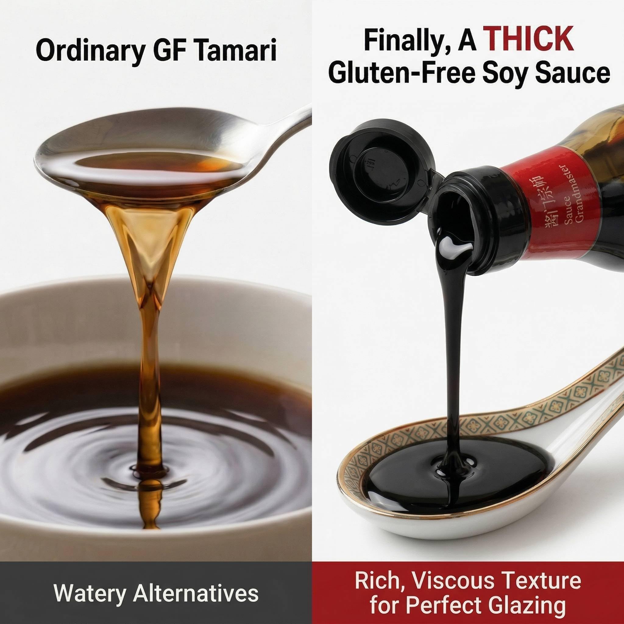 Sauce Grandmaster bottle next to measuring spoon showing 8.5 fl oz scale