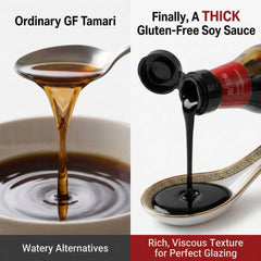 Sauce Grandmaster bottle next to measuring spoon showing 8.5 fl oz scale