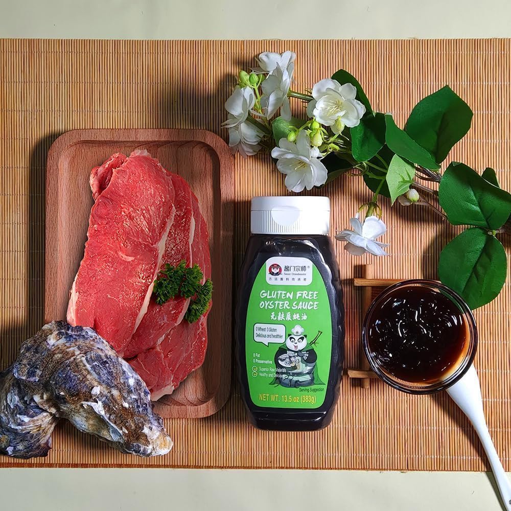 Fresh oysters and Sauce Grandmaster bottle illustrating real oyster content and authenticity