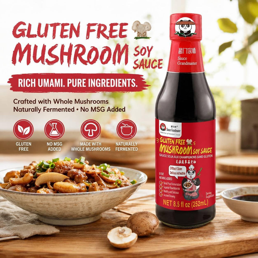 Sauce Grandmaster label closeup highlighting mushroom umami and gluten-free note