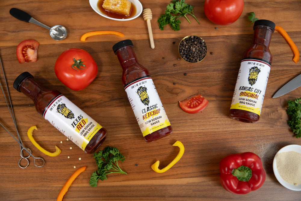 Sauce King bottle beside measuring items showing size and low-sodium cooking benefit
