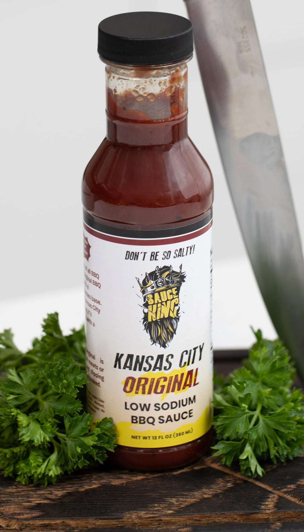 Sauce King front label showing Kansas City low sodium sauce and classic branding benefit