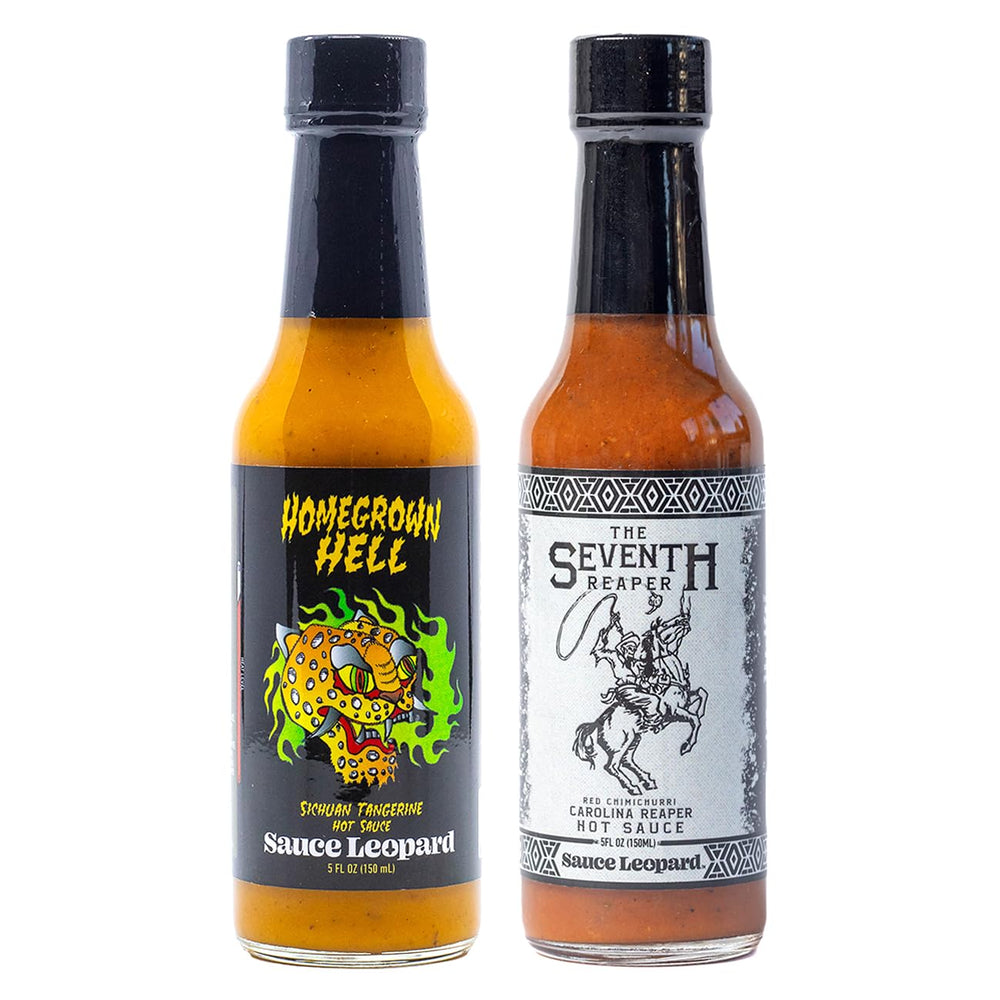 Sauce Leopard front-facing two-bottle pack showing both sauces and bold branding for easy selection
