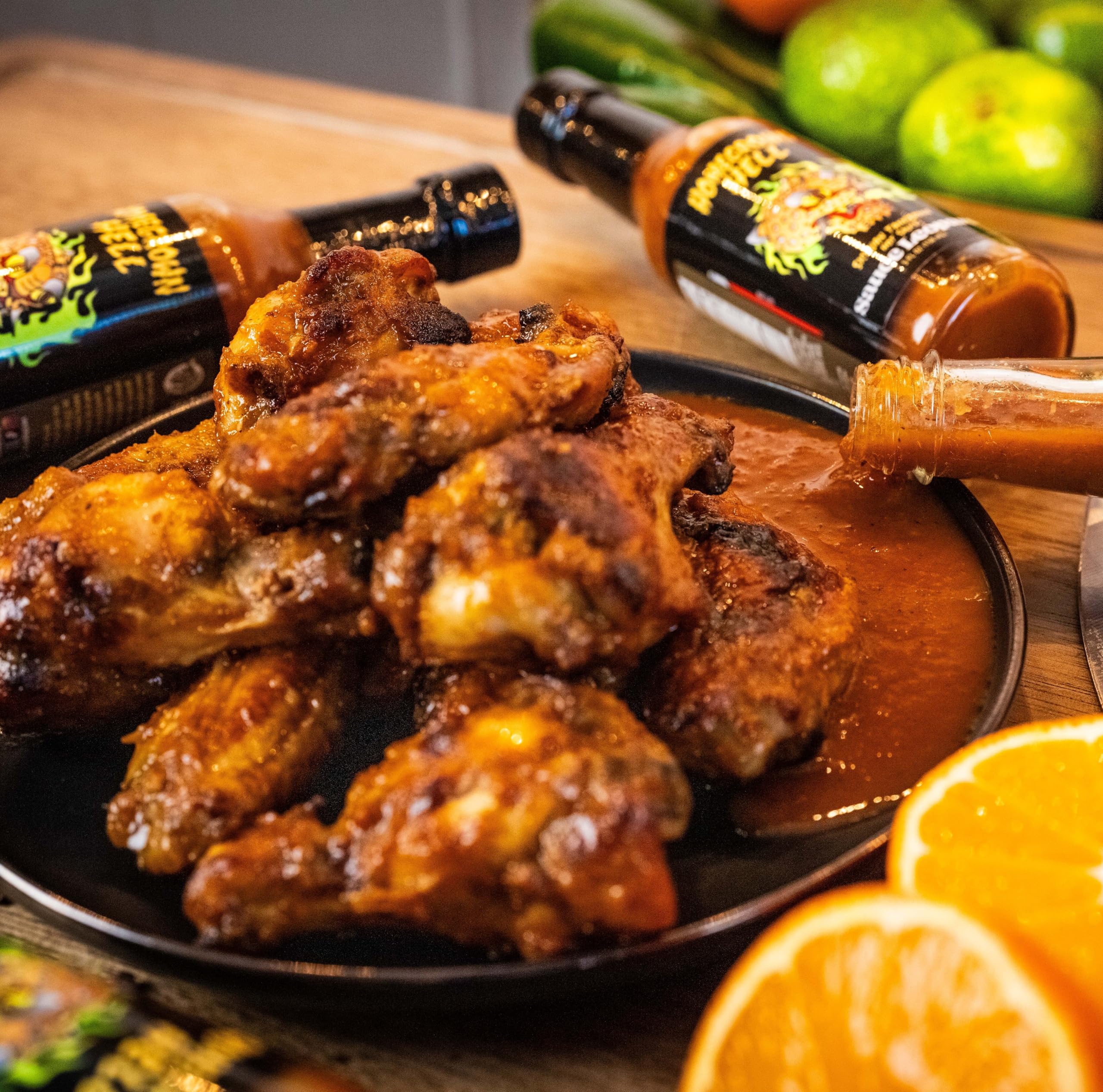 Sauce Leopard poured over dumplings demonstrating Homegrown Hell pairing and bright, spicy lift